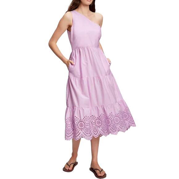 Gap One Shoulder Midi Dress Sz 2 New $98 Iris Purple Cotton Side Zip Eyelet Hem - Picture 11 of 12